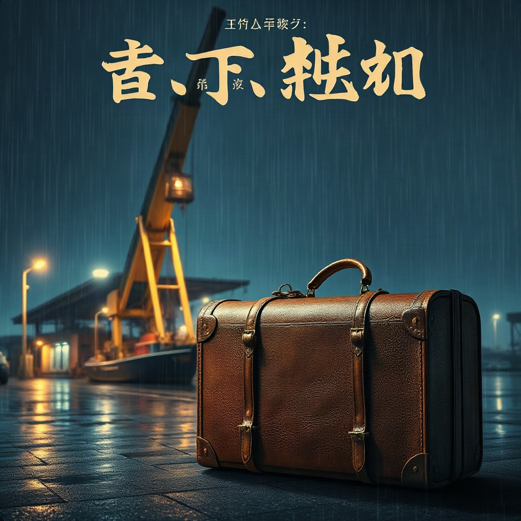 短剧《第七码头》海报，雨夜码头起重机与一只旧皮箱